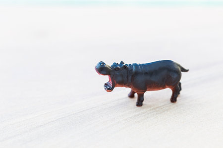 Hippopotamus toy on cement floor background, outdoor day light, plastic animal toyの写真素材