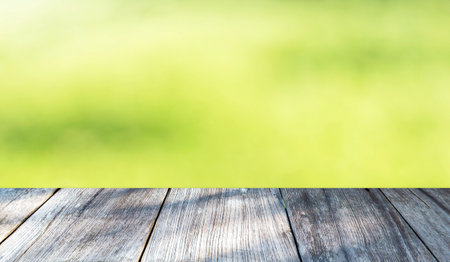 Wooden floor with space on blurred natural green background, design background for display productの写真素材