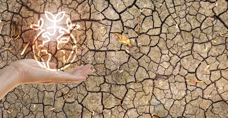 Green world logo with girl hand over crack dry soil texture background, environmental concept background ideaの写真素材
