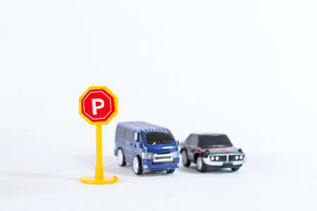 Blue van and Sport car model with parking sign isolate on white background, traffic and...