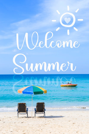 Welcome summer banner over tropical beach background, season and summer holiday, tourism industry conceptの写真素材