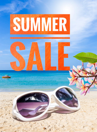 Summer sale banner with sunglasses and coconut leaves on blurred background, summer promotion poster background ideaの写真素材