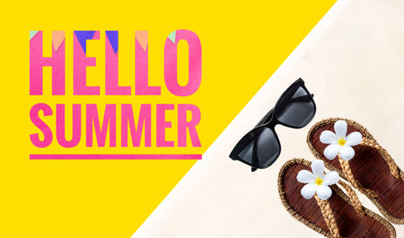 Hello summer banner on yellow background with jute sandals and sunglasses, summer season poster background ideaの写真素材