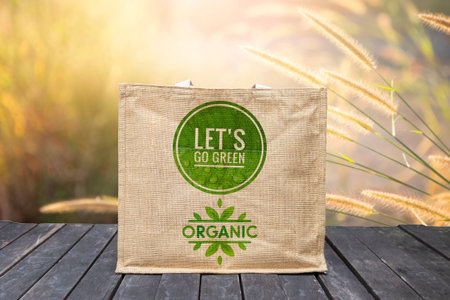 Jute bag with green logo on wooden foor over blurred nature background, environmental friendly product conceptの写真素材