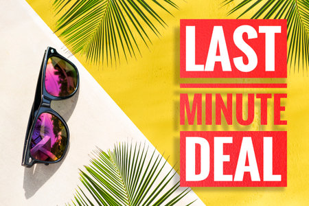 Last minute deal banner with fashion sunglasses on yellow background, summer promotion poster...