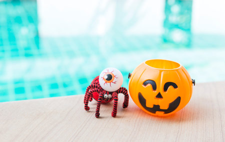 Black spider and eyeball with Halloween pumpkin lantern with space on swimming pool background, outdoor day light, Happy halloween background ideaの写真素材