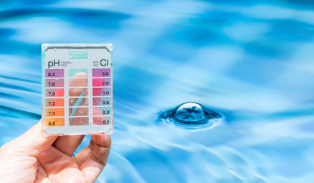 Water tester test kit on wooden table over blurred swimming pool water background, quality water testing test kit, pool maintenance and service business conceptの写真素材
