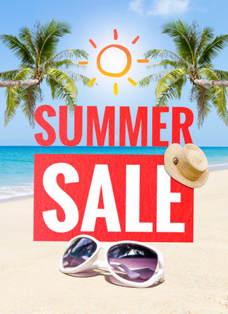 Summer sale banner with sunglasses over tropical beach background, summer season poster idea, summer promotion poster idea