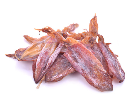 Dried squid on white backgroundの写真素材