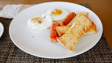 Fried eggs with toast and salmon in white plate on the table