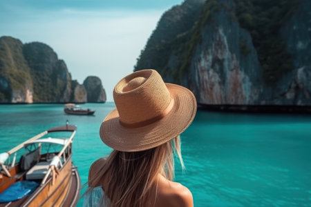 Beautiful female tourist in sun hat sitting on yacht and looking at turquoise sea and island beach in Krabi province, Thailand Generated with AIの素材