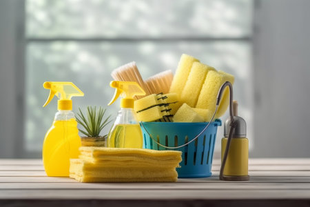 Brush, bottle with cleaning solution, sponge, rag and yellow rubber gloves on white background. Cleaning equipment in yellow bucket on wooden background. Cleaning company service advertisement.Generated with AIの素材