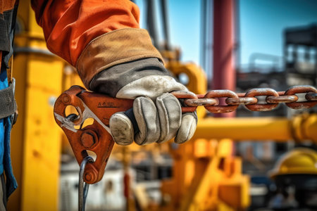 Close up of high risk workers wearing heavy duty safety gloves. The pin secures the helmet to the D-shaped shackle..Generated with AIの素材