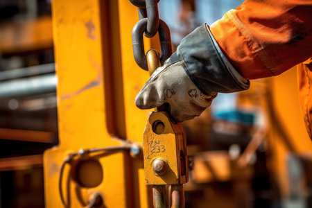Close up of high risk workers wearing heavy duty safety gloves. The pin secures the helmet to the D-shaped shackle..Generated with AIの素材
