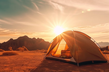 Tent camping  Illustration of the beautiful view from the open tent in a remote location created with Generative AIの素材