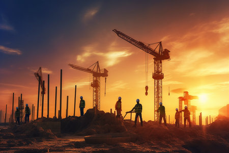 ,Silhouette Teams of Business Engineers looking for blueprints in construction sites through blurry construction sites at sunset,Generative aiの素材