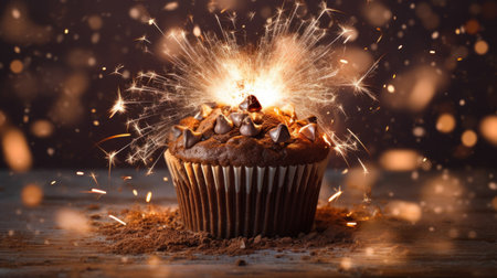 Delicious birthday cupcake on table on light background.Generated with AIの素材