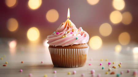 Delicious birthday cupcake on table on light background.Generated with AIの素材