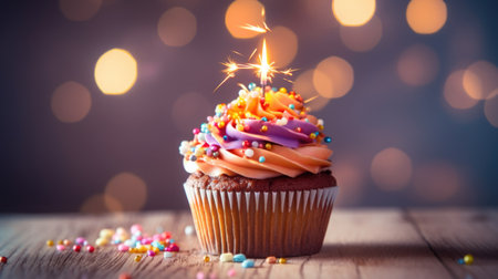 Delicious birthday cupcake on table on light background.Generated with AIの素材