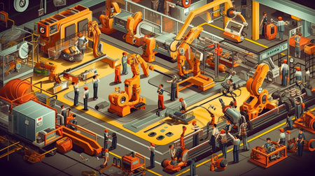 Assembly line with the engineer-controlled robot arm.Generated with AI.の素材