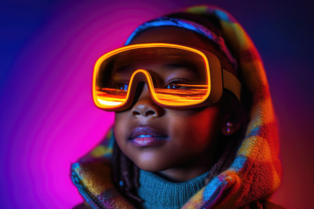 Portrait of African-American child wearing virtual reality headset. Vivid colors and neon glowing HMD on girls' face.Generated with AIの素材