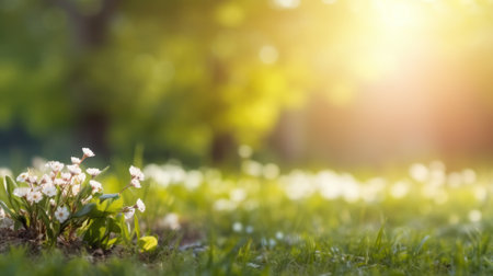Beautiful blurred spring background nature with fields of flowers, trees and blue sky on a sunny day.Generated with AI.の素材