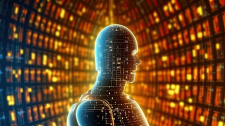 Artificial intelligence robot and binaryHologram of the artificial intelligence robot showing up from binary code.Generated with AI.の素材