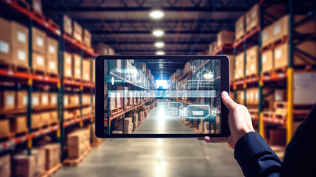 Smart warehouse, inventory management system concept, a manager using digital tablet showing warehouse software management dashboard on the blurred warehouse as background.Generated with AIの素材