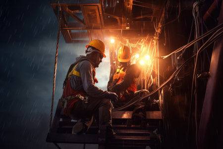 portrait photograph of power electrician Two people working at height wearing safety gear from a high voltage pylon.Generated with AIの素材