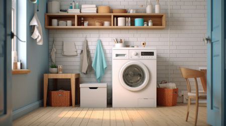 Interior of home laundry room with modern washing machine WhiteLaundry room interior with washing machine, basket, and white shelves.の素材