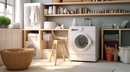 Interior of home laundry room with modern washing machine WhiteLaundry room interior with washing machine, basket, and white shelves.の素材
