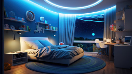 Modern interior design Children's room boy's bedroom, in blue tones, trend 2023. wide-angle lens LED lightsの素材