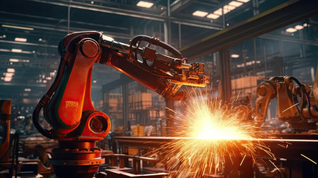 Industrial welding robot arm working on production line Advanced Robotic Automation in Industrial Production Lines: Smart Factory Technology and Smart Manufacturing Processesの素材