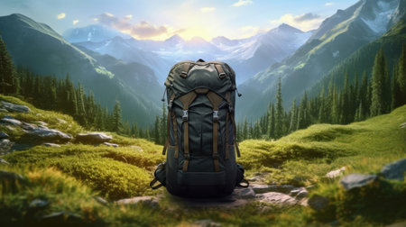 Large hiking and trekking backpacks The background image is a mountain forest. wide-angle lens realistic lightingの素材