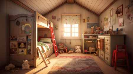 Cute childrens bunk in a bedroom. wide angle lens morning lightの素材