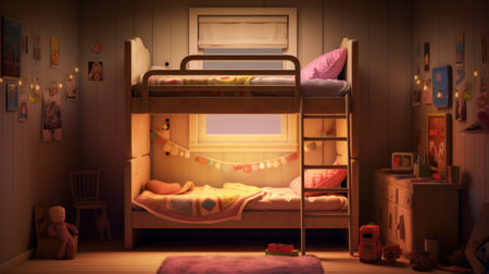 Cute childrens bunk in a bedroom. wide angle lens morning lightの素材