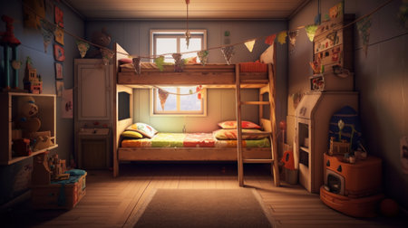 Cute childrens bunk in a bedroom. wide angle lens morning lightの素材