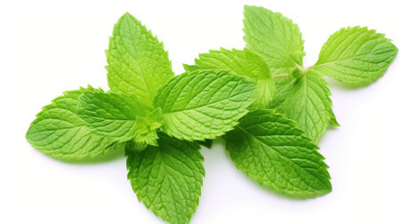 Fresh spearmint leaves isolated on the white background. macro lens realistic lightingの素材