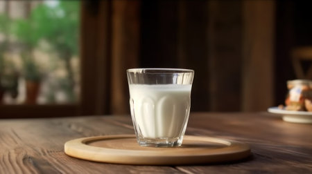 milk or Turkish Ayran drink poured into a glass cup from a bottle. Glass is placed on a wooden stand on a rustic wooden table.の素材