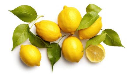 Set of lemons and leaves, isolated on white background macro lens realistic lightingの素材