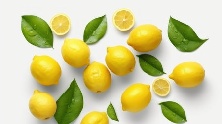 Set of lemons and leaves, isolated on white background macro lens realistic lightingの素材