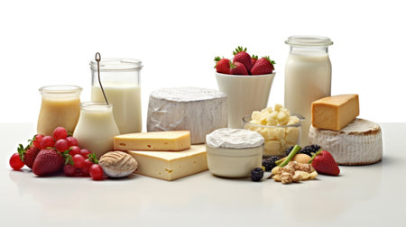 variety of dairy products with white background telephoto lenses realistic lightingの素材