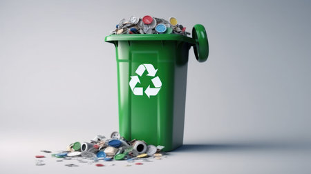 Trash can with plastic garbage and green recycle signの素材