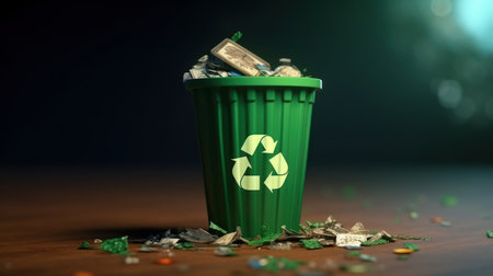 Trash can with plastic garbage and green recycle signの素材