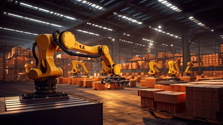 intelligent robotic system for warehouses and factories with digital technology innovation Industrially controlled automated production robots.の素材