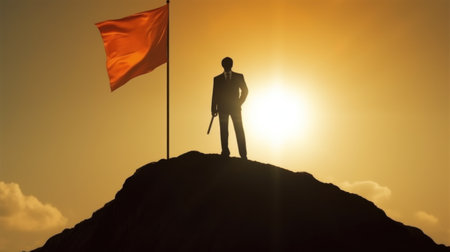 business, success, leadership, success and people concept - silhouette of businessman with flag on top of mountain over blue sky and sunlit backgroundの素材