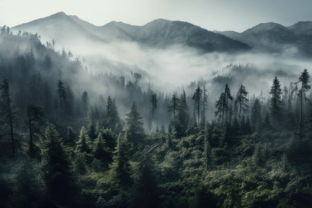 Misty mountain forest covered with tall trees and scary misty background.の素材
