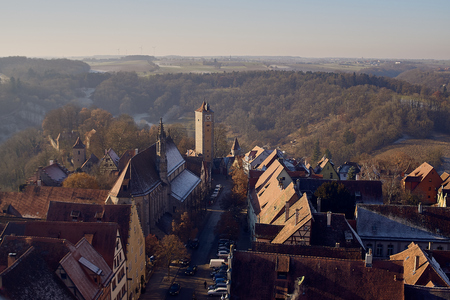 Aerial view of Rothenburg ob der Tauber historic town downtown Franconia, Bavaria, Germanyの写真素材