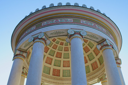 The Monopteros temple in the English Garden in Munich, Germany from below in winterの写真素材