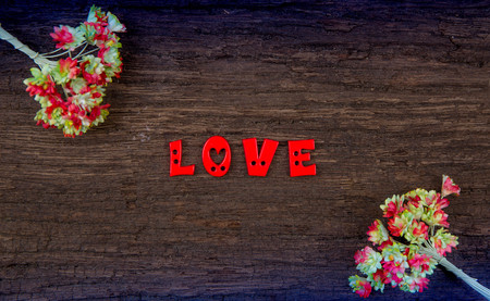 word Love on wood background and handmade paper flowerの写真素材